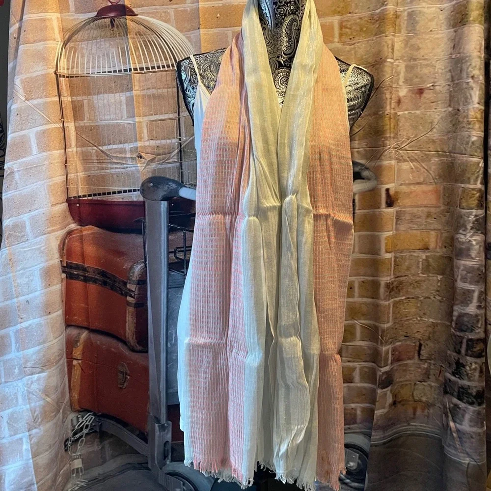 Lightweight Striped Scarf‎ Shawl Wrap Linen Blend Pink Grey White Fringe
